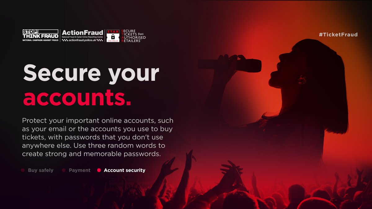 🚨Stop fraudsters from getting access to your account online when buying tickets this year. Protect yourself from #TicketFraud and secure your information by using a strong password for different accounts. ℹ️ Learn more 👉actionfraud.police.uk/ticketfraud