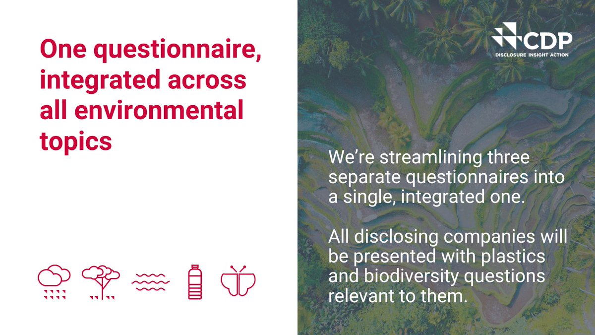 This year CDP will launch a single corporate questionnaire, empowering organizations to better assess their environmental risks, impacts and opportunities Learn more:cdp.net/en/2024-disclo…