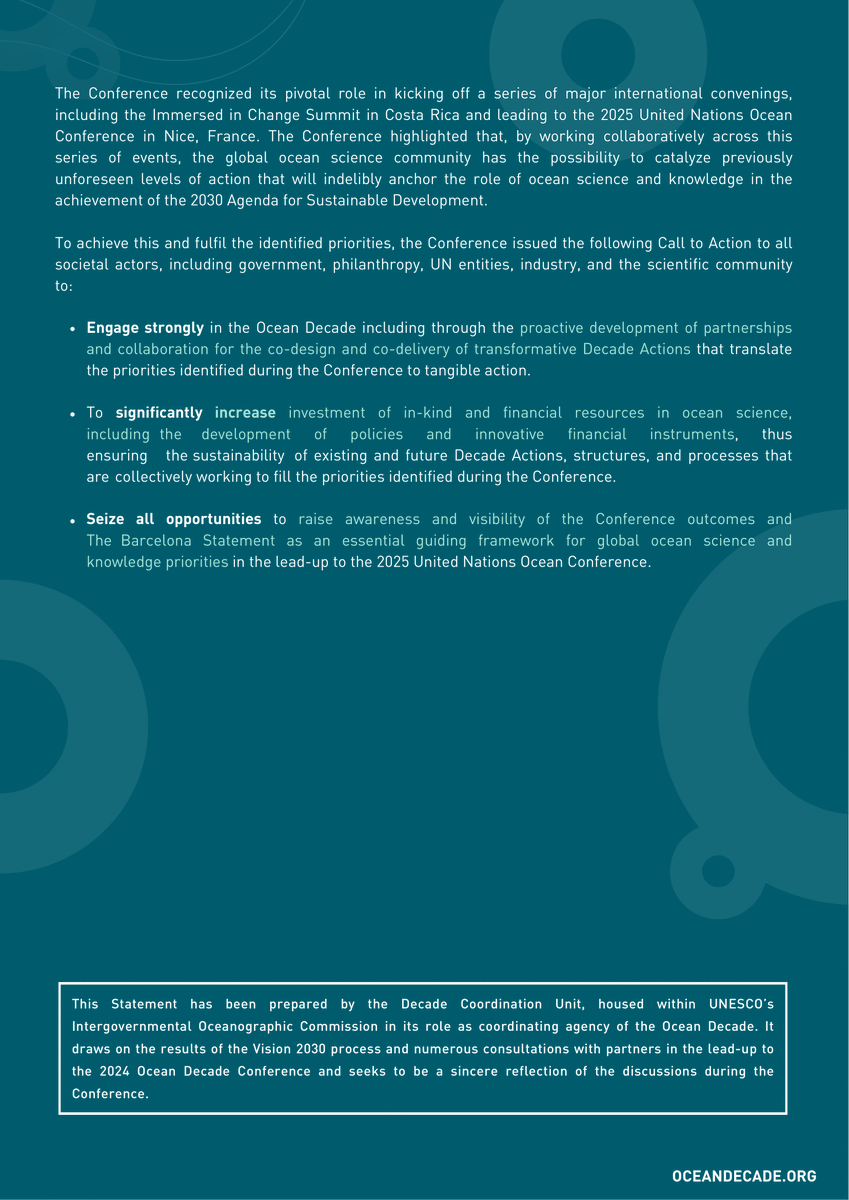 Issued at #OceanDecade24, the Barcelona Statement, a roadmap outlining the areas where ocean solutions must be accelerated, aims to:

👉help guide the global ocean science agenda
👉ensure that the science delivered is relevant & understood by policymakers

ow.ly/QZA050Rj6xI