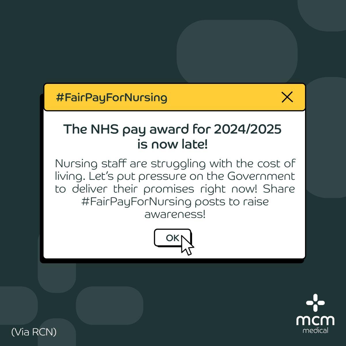 #Nurses are struggling with the cost of living.

The Government is late providing the NHS pay award for 2024/2025! Nursing staff and patients deserve better.

Put pressure on the Government to finally deliver the pay reward by sharing #FairPayForNursing posts on social media! 📣