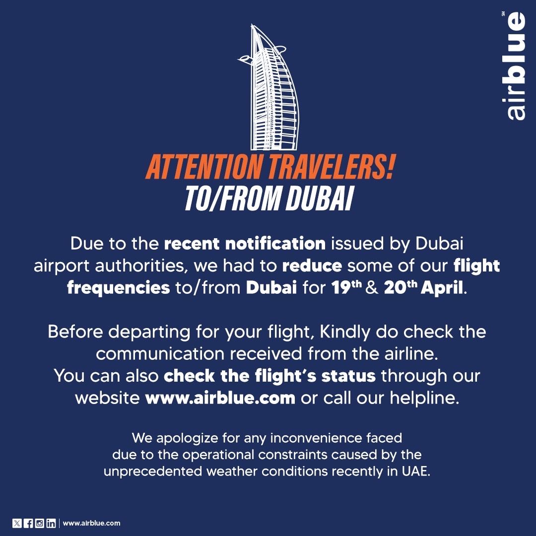 Attention Passengers! #TravelAlert #AirBlue #CustomerService #UAEweather #UAE