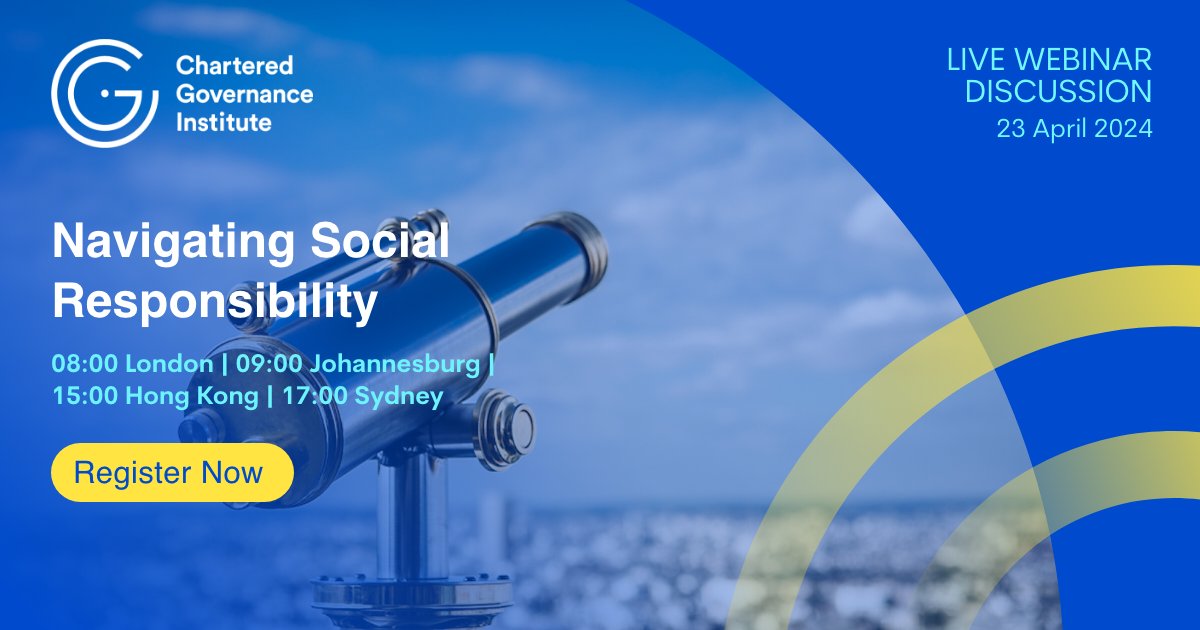 Join us on Tuesday to hear from our expert panel as they discuss how to manage the sometimes difficult topic of navigating #SocialResponsibility.

Register today: us02web.zoom.us/webinar/regist…

#Governance #GlobalGovernance #CorporateSocialResponsibility