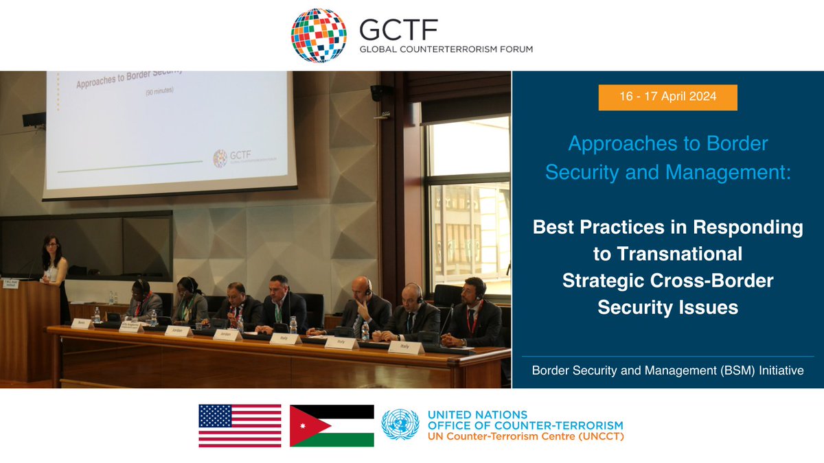 On 16 & 17 April, great strides were made at the 2nd #BorderSecurity & Management (#BSM) Initiative workshop to further develop the Addendum to the 2016 GCTF Good Practices led by @ForeignMinistry 🇯🇴, @StateDeptCT 🇺🇸, @UN_OCT 🇺🇳 & supported by @TMCAsser.👉thegctf.org/What-we-do/Ini…