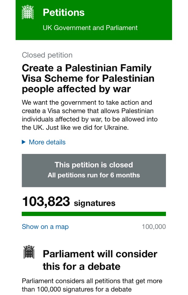 🚨🧵 The petition has now closed at 103,823 signatures! Right before closure, it was the fourth most popular open petition We now wait for the UK Government to heed the popular calls for a Gaza Family Scheme that would reunite Palestinian families until return is safe 1/