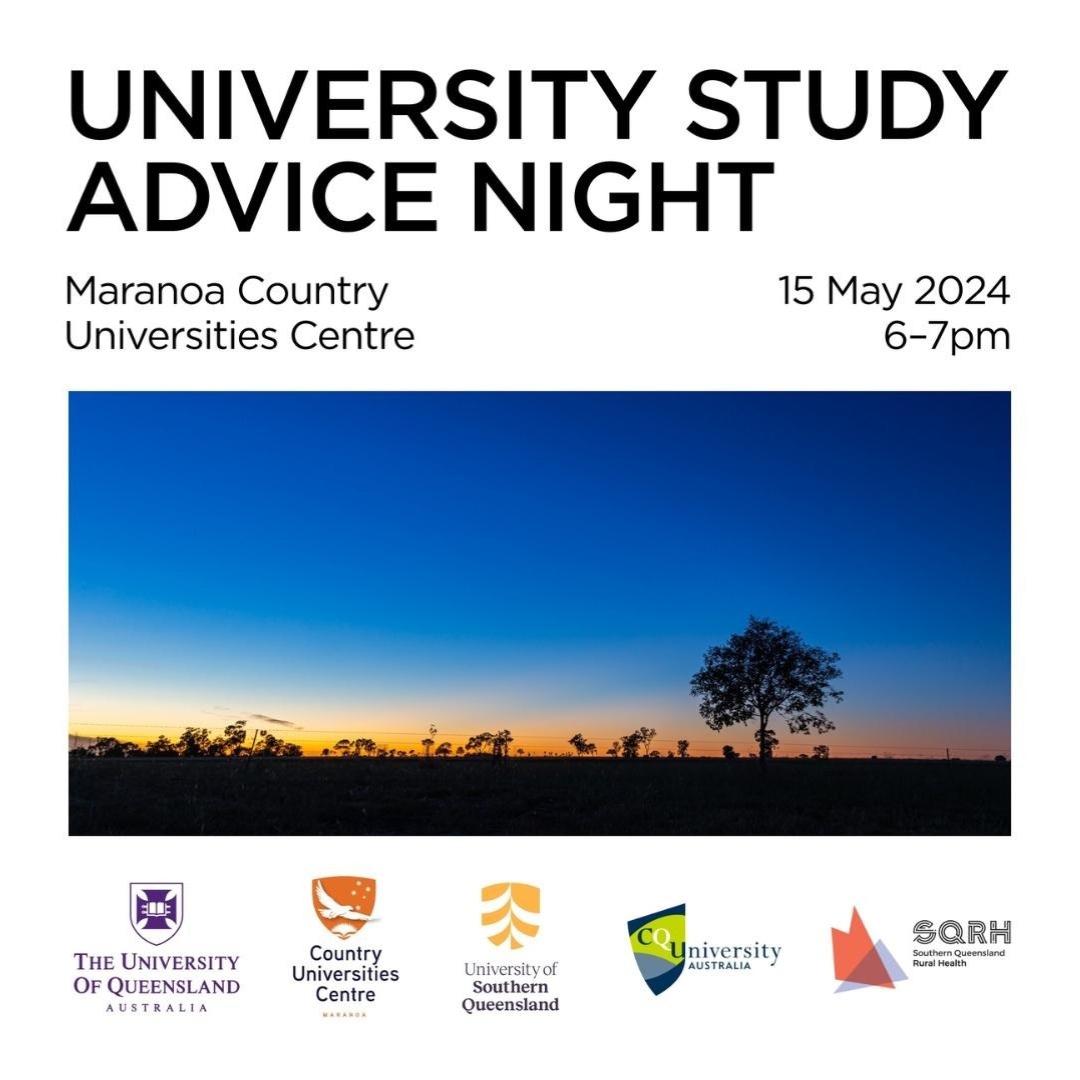 Considering a university degree?  Don't miss out on our University Study Advice Night!   Get your questions answered and explore pathways into university education.  Held at the Maranoa Country Universities Centre in Roma on May 15th, 2024, at 6 PM.