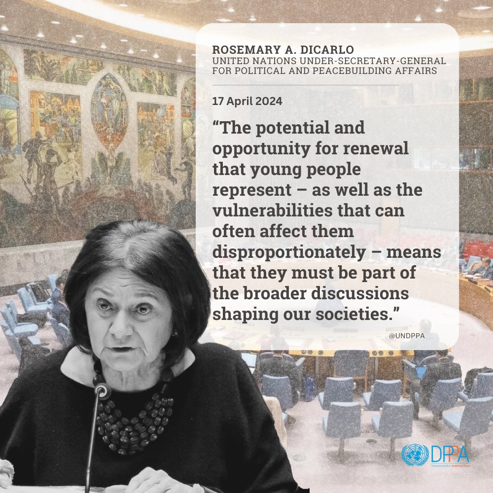 Regional and multilateral efforts are essential to strengthen the role of #youth as positive agents of change, said @DicarloRosemary.    She called for more adequate funding to 'translate youth inclusion from a political commitment to tangible practice.” dppa.un.org/en/mtg-sc-9606…