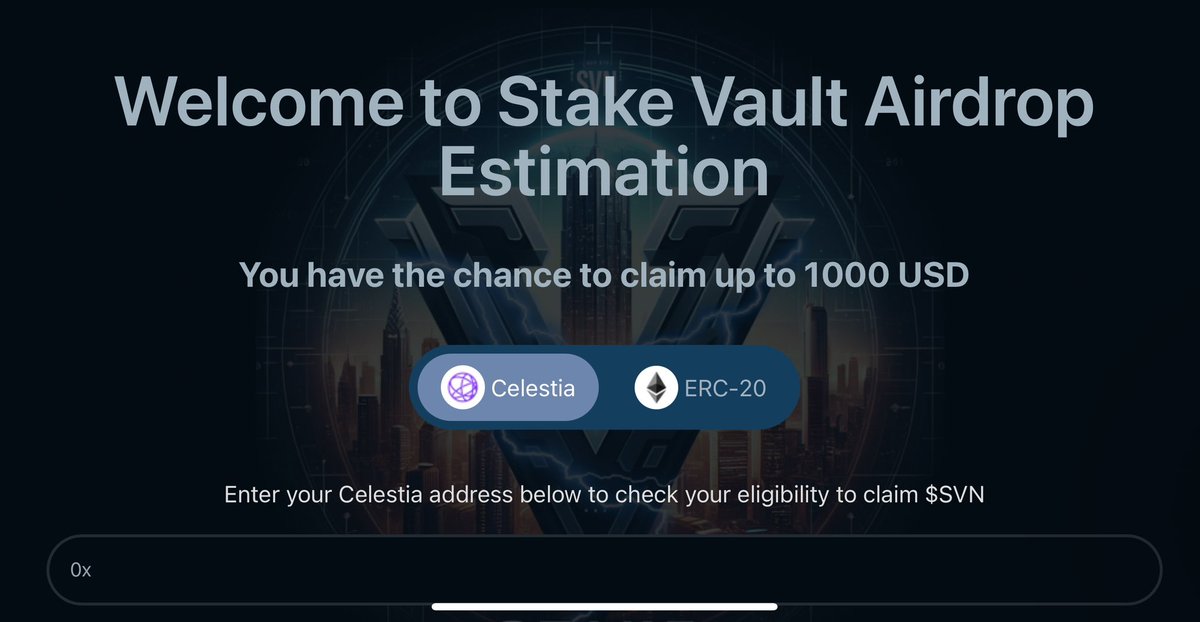 🎉 StakeVaultNetwork is hosting an  #airdrop for $SVN tokens, open to everyone! 🚀 

🪂Rewards range from $15 to $1000.

To participate:
1️⃣ Enter your $TIA address on our checker
2️⃣ Submit your ERC receive address &amp; email
3️⃣ Follow us on Galxe, join Telegram
4️⃣ RT the campaign