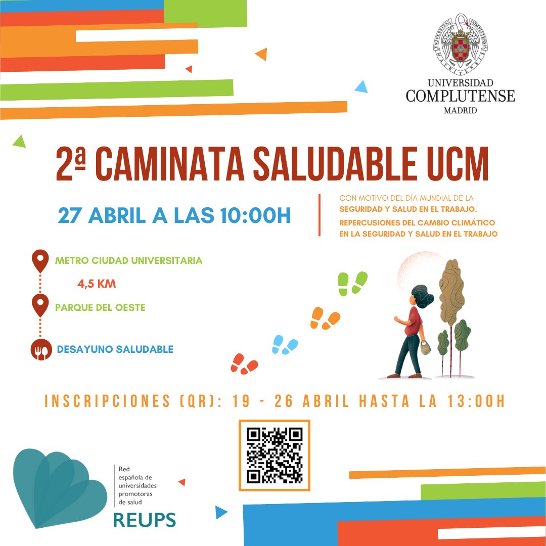 💚2ª CAMINATA SALUDABLE UCM💚

🗓️SÁBADO 27 ABRIL - 10:00H

📌Desde METRO CIUDAD UNIVERSITARIA hasta PARQUE DEL OESTE

😋Al finalizar disfrutaremos de un desayuno saludable✨

👉Inscríbete con el QR o este enlace: forms.gle/5W9dLFKaKjaZZq…

ℹ️Más info en: ucm.es/deportesucm/no…
