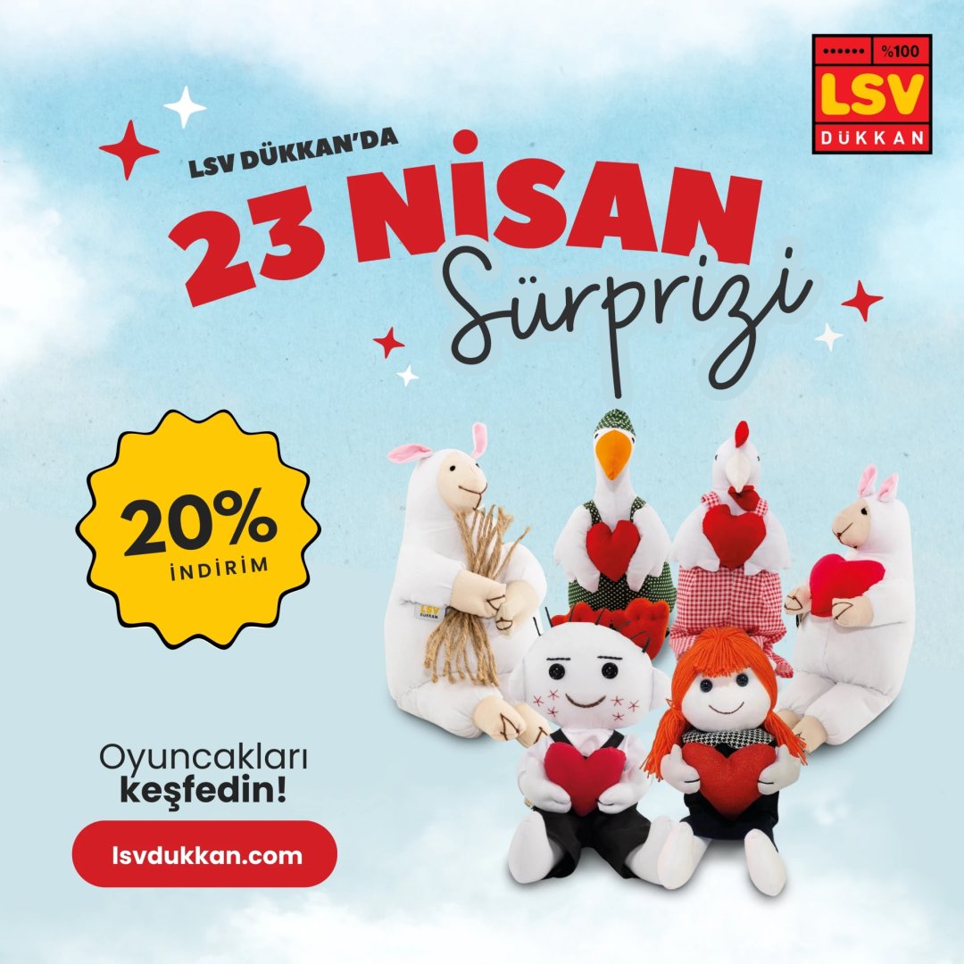 23 Nisan coşkusu LSV Dükkan'da🎉 Anne emeği ve doğal malzemelerle üretilen oyuncaklarımızda %20 indirim🔈 lsvdukkan.com'u ziyaret edin fırsatlarımızı kaçırmayın!