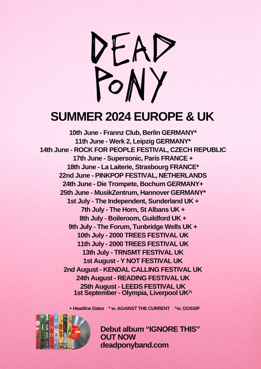 DeadPonyBand's tweet photo. Summer headline tour is now on sale!! 🍦😎 so excited to be heading back to some of our fave cities + some that we haven’t played before !!! 🥵 tickets for our last headline tour sold out rapid, so make sure you snap them up quick ☀️ see u soon UK/EU babes !! https://t.co/N6V83iYh0N