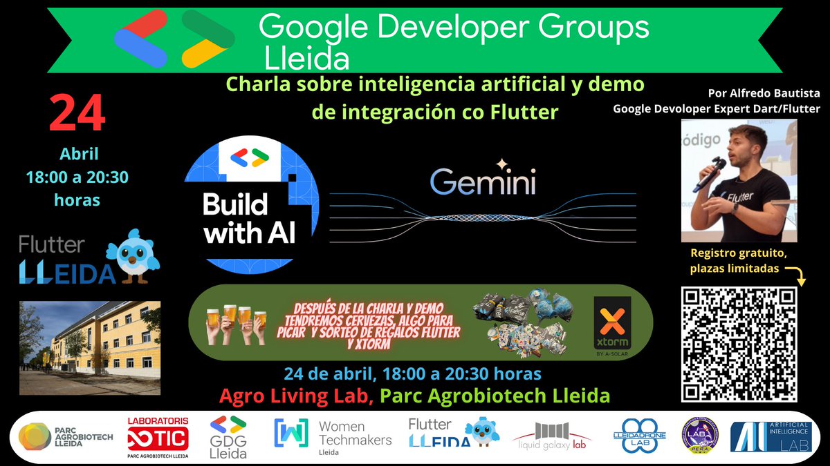 El 24 d'abril a les 18:00 h, farem un esdeveniment a l' Agro Living Lab del Parc Agrobiotech Lleida, amb una xarrada de Alfredo Bautista <a href="/alfredobs97/">Alfredo Bautista 💙</a> , Google Devoloper Expert Dart/Flutter.