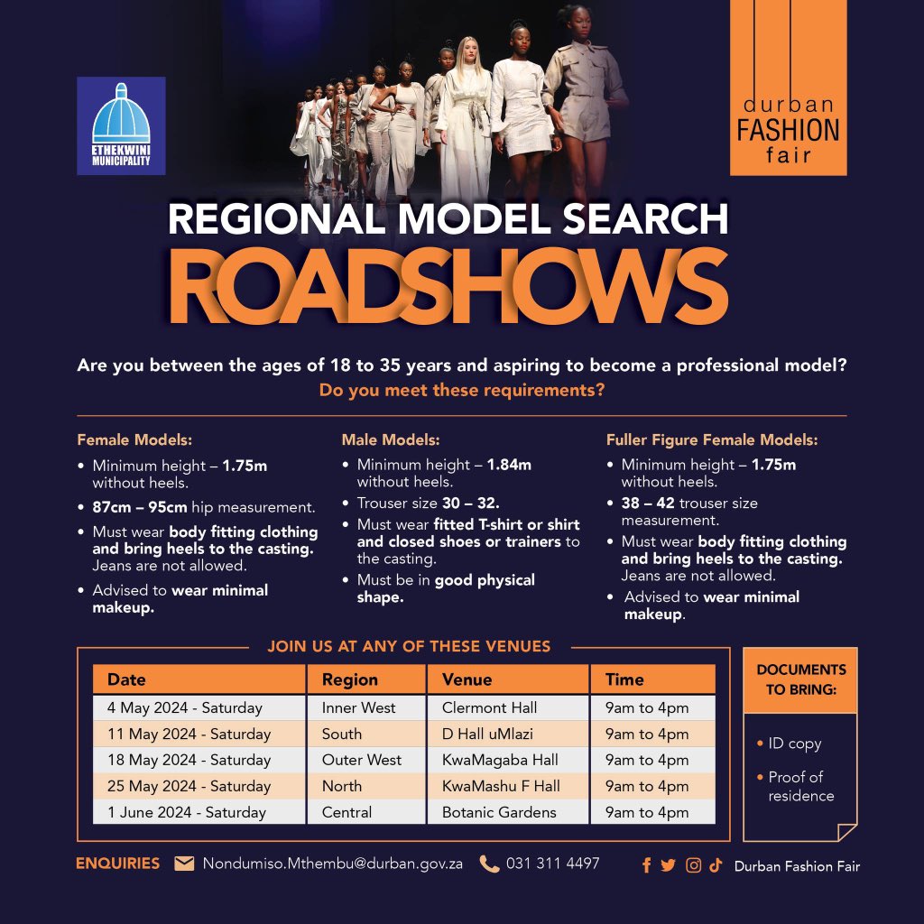 eThekwiniM's tweet photo. This is an exciting opportunity to kickstart your modelling career as previous beneficiaries are making waves in the modelling industry. 
#DFF2024
#modelscouting
#unearthingnewtalent https://t.co/Z8DLZ8ZQ0R