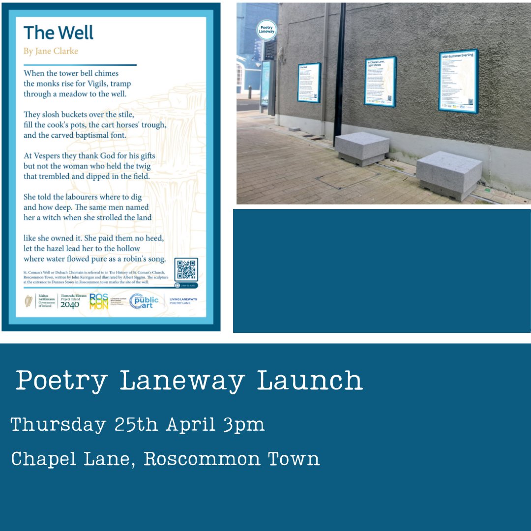A new poem features in Poetry Laneway installation to be launched @PoetryDay_IRL 25 April at 3pmin Roscommon town. Also poems by @TheeDaniMagic & Louise G Cole & music by @PhilRobsonMusic. @roscommoncoco @BloodaxeBooks