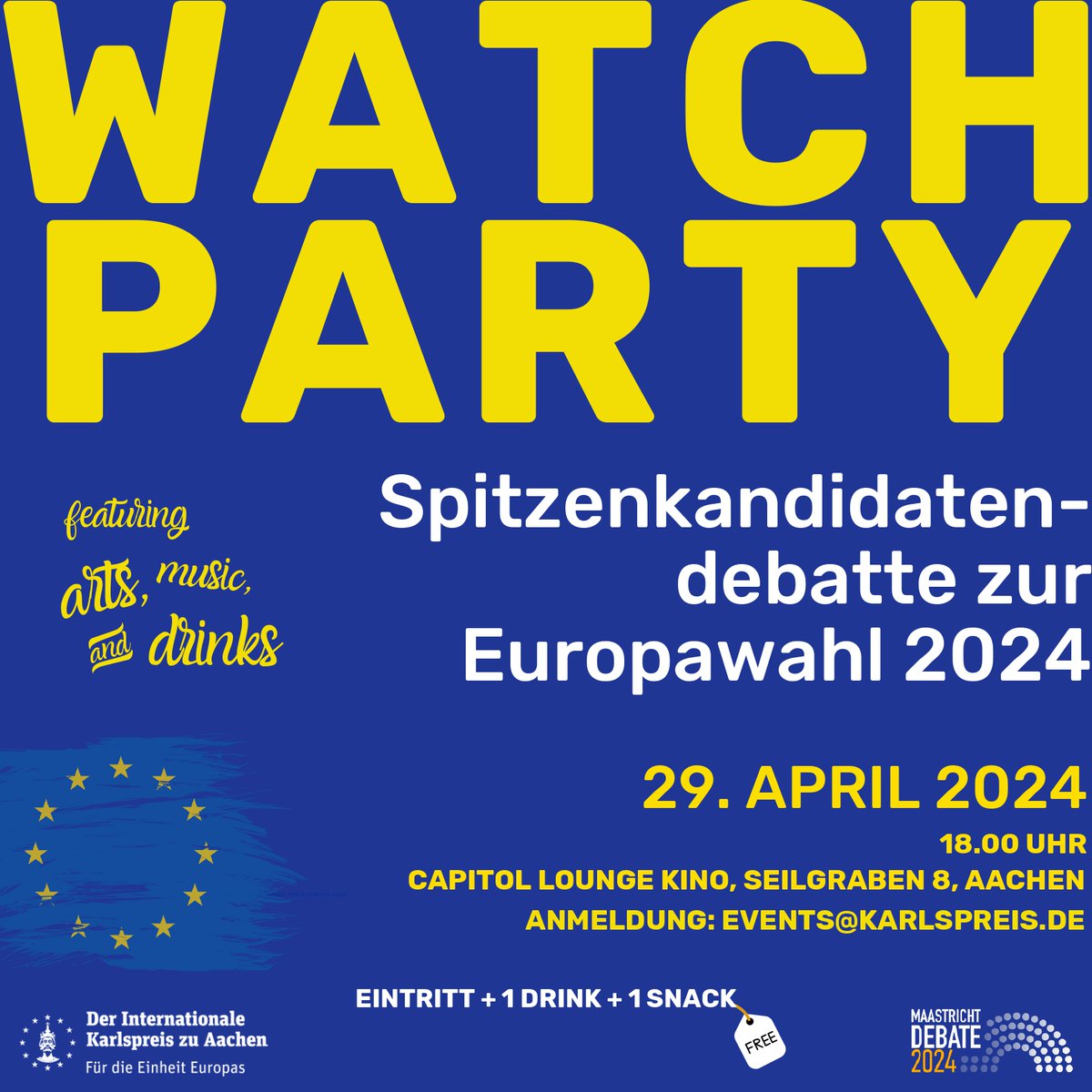 Wir übertragen die #MaastrichtDebate live nach Aachen. Diskutiert mit uns über 🇪🇺! Unsere Gäste: Katrin Pribyl (@kapstory), EU-Korrespondentin in Brüssel, und @simondressler, Polit-Influencer auf TikTok. Mit Live-Musik & Poetry Slam! 🎶 #Europawahl2024