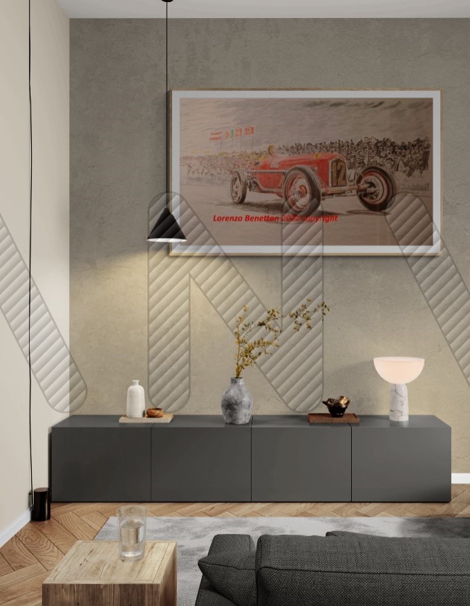 L_Benetton's tweet image. In your modern living room a vintage artwork is OK, and what one !! The fantastic victory of Tazio at Nurburgring against 9 more powerful German cars in '35. #tazio #nurburgring #alfaromeo #ferrari #legendsneverdie #racing #handmade #madeinitaly #interiordesign #luxuryhome
