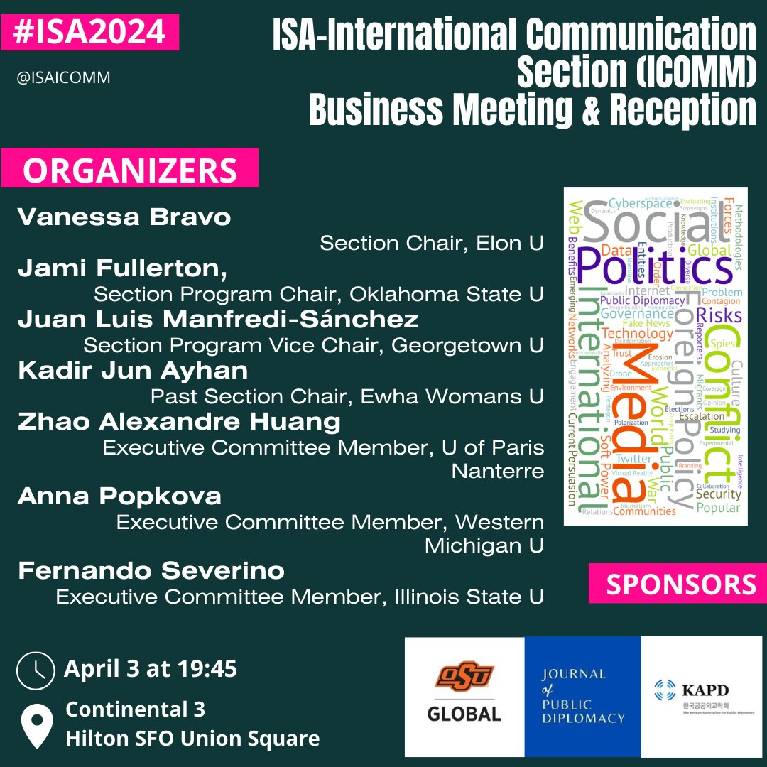 ISAICOMM's tweet photo. #ISA2024: Our most convivial moment this year at @isanet convention? 
Of course, it was the #Reception &amp; #BusinessMeeting time! 
BIG THANKS to @okstate School of Global Studies #OSUGlobal, @JournalofPD, and #KAPD Korean Asso. of #PublicDiplomacy for sponsoring this lovely event! https://t.co/FtjlwHmO0L