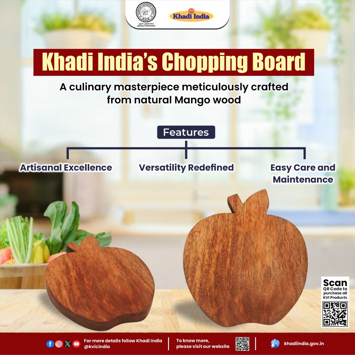 A culinary masterpiece meticulously crafted from natural Mango wood. This versatile piece is not just a chopping solution but a dynamic addition to your kitchen. Visit your nearest #Khadi store or purchase all #KVIProducts online at khadiindia.gov.in #KVIC #KhadiIndia