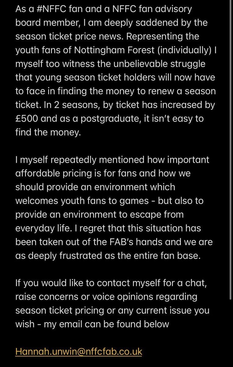 A short statement from myself - an individual youth representative of the #NFFC fan advisory board. Contact me via - Hannah.unwin@nffcfab.co.uk