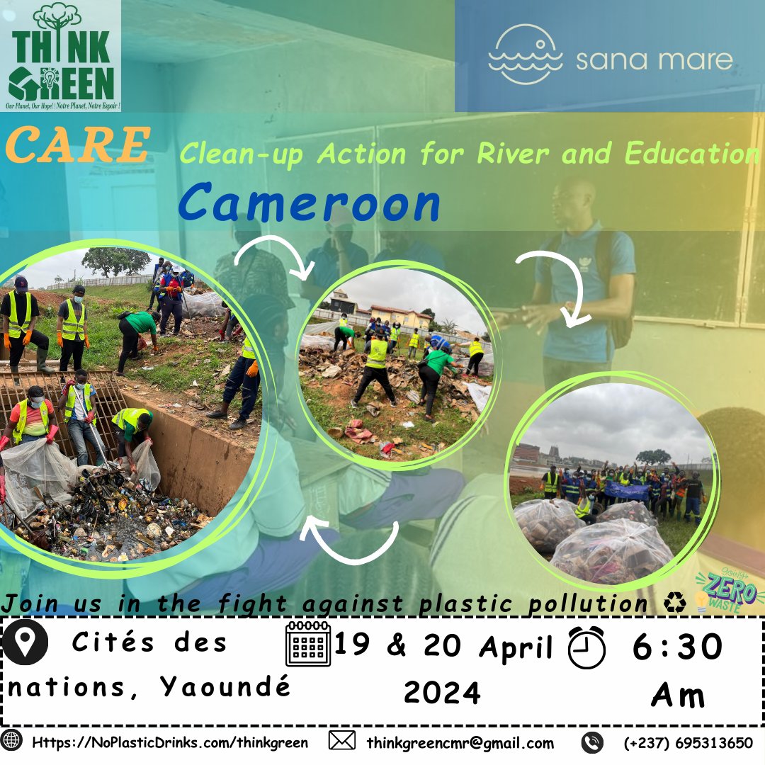 Join the Think Green team as we unite to combat plastic pollution in our country! Be part of our *CARE CAMEROON* cleanup campaign this Friday, April 19th, and Saturday, April 20th, 2024, at Cité des Nations, Yaoundé, Cameroon.