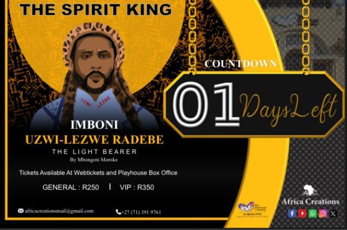 🔥🔥🔥With just 1 day to go, Africa Creations production will be Launching the greatest story to hit theatre stages.

The 9am Show is now Sold out , get yours in the 12:00, 15:00,18:00
#SpiritKing
#DurbanRocks
#Playhousecompany