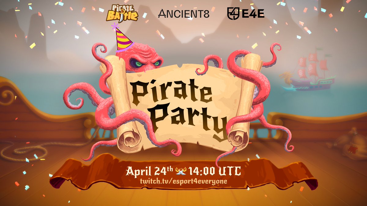 Esports4Evryone's tweet photo. Ahoy, Mateys 🫡 Join us in the epic #E4E_PirateParty🔥

Featuring the Pirate-themed adventure, @PirateBattle_☠️Brought to you by @Ancient8_gg

Don't miss out on the action, giveaways, and all the fun🌊💰

🗓️| April 24th - 14:00 UTC
📺| Broadcasted on E4E Twitch

#E4ExAncient8 https://t.co/JOL9Kx89M2