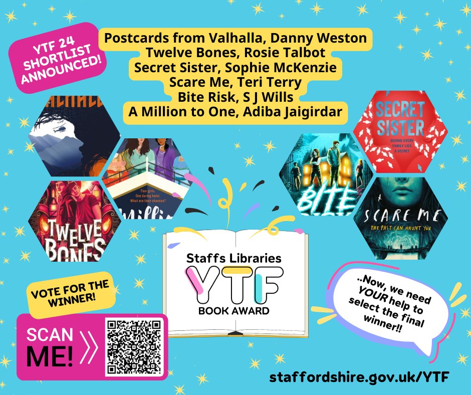 We're so excited about #YTF2024 Remember to vote for your favourite of the 6 fantastic nominated titles! We can't wait to find out the winner @RAFMUSEUM Midlands on 2 July staffordshire.gov.uk/YTF @philip_caveney @merrowchild @sophiemckenzie_ @TeriTerryWrites @SophsWills @adiba_j