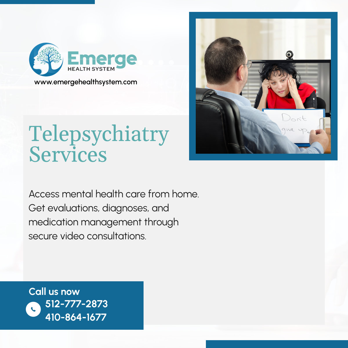 EmergeSystem's tweet photo. Experience top-notch mental health care from home. Contact us today to schedule your telepsychiatry appointment.

#SanAntonioTX #PsychiatricCareAndConsultancyServices #Telepsychiatry https://t.co/m0ObpSocKK