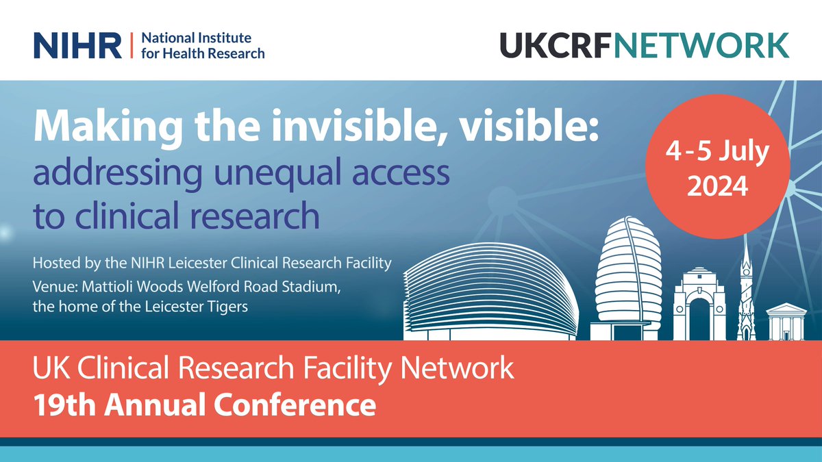 🥳 Registration is now open for the @NIHR_UKCRFN Annual Conference #crfconf24 taking place here in #Leicester on 4&5 July 🗓️at the home of the @LeicesterTigers, Mattioli Woods Welford Road Stadium. For info on speakers and summer schools & to register: ukcrfnetwork.co.uk/events/ukcrf-n…