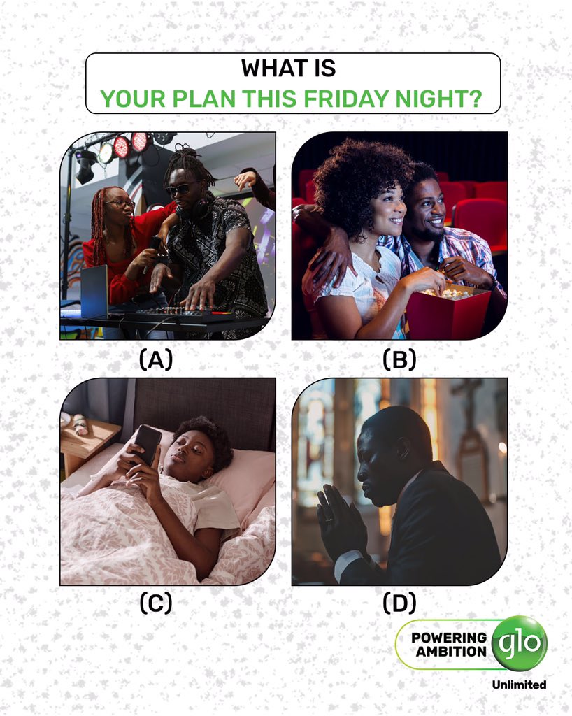 It's another Friday evening💃🏾 What are your plans for the night? Drop your answers in the comment section. 👇 #FunFriday #GloUnlimited