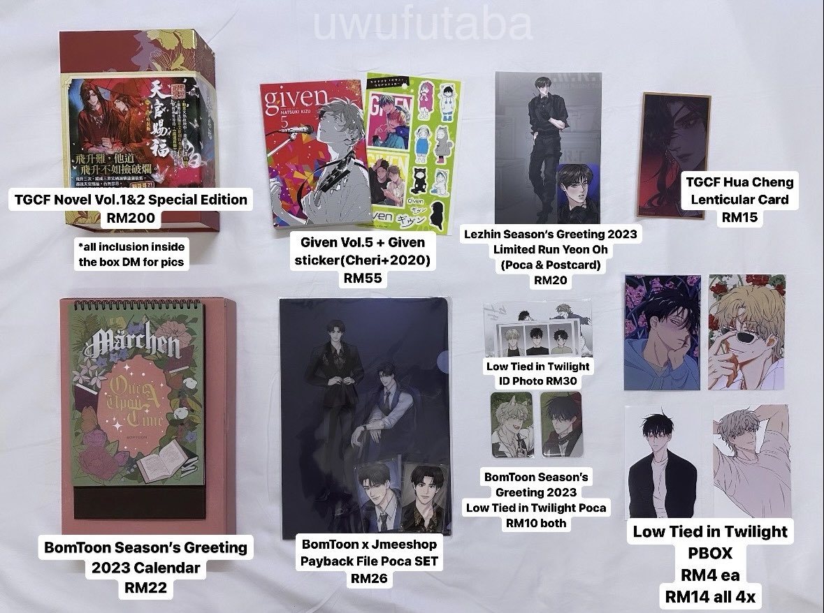[WTS | Help RT 🇲🇾]
BL/Danmei Offical Merch & Books

🖇️ Never use / display all in pristine condition!
🖇️ Price can nego if take 2 items & above
🖇️ excl local postage

DM for more pics, Serious buyer only! 🙏🏻
#pasarAnimeMY @pasaranimeMY #pasardanmei @pasardanmei #pasarmanhwa