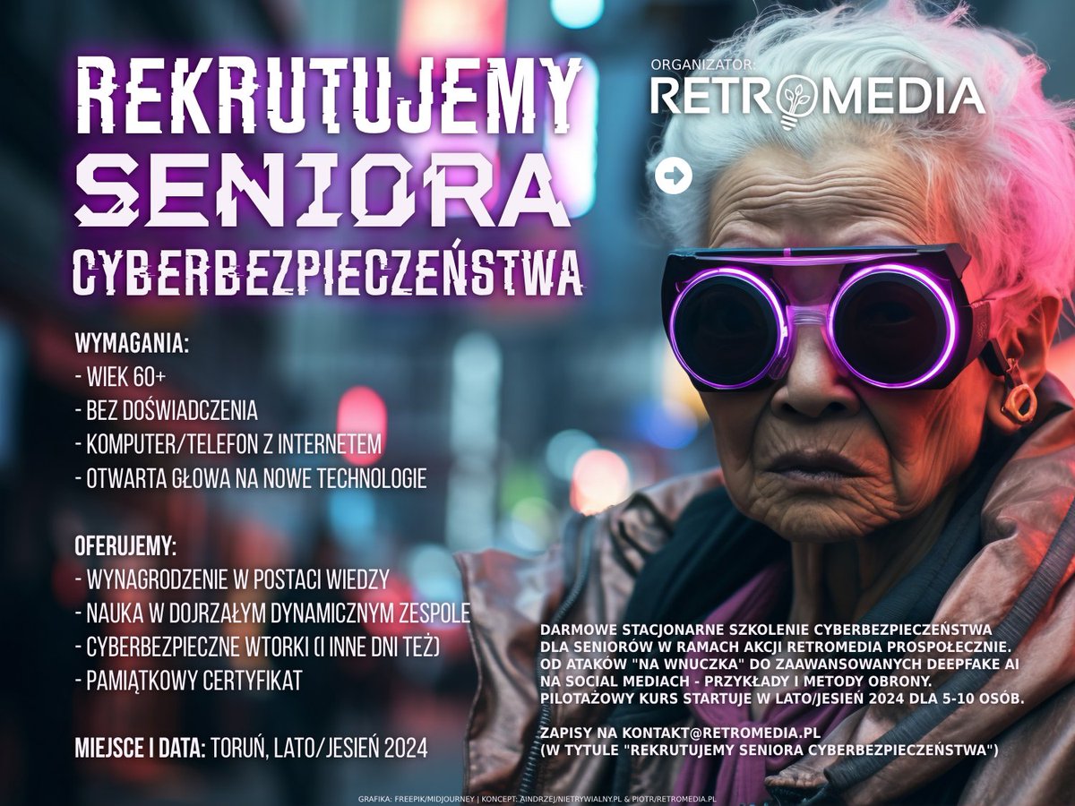 retromediapl's tweet photo. Masz babcię lub dziadka w Toruniu? Chcesz poprawić ich cyberbezpieczeństwo? Zapraszamy!
#szkolenie #kurs #senior #cybersecurity #cyberbezpieczeństwo #zadarmo #bezpłatnie #darmowe #ai #toruń #torun #seniorzy #retromediapl https://t.co/1b7a9Ld8cu