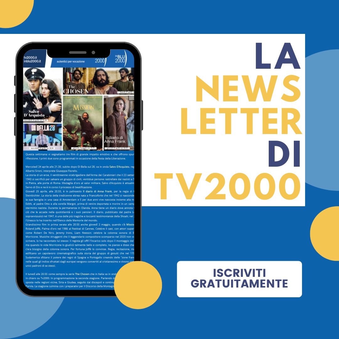 Tutte le ultime novità sulla programmazione di #TV2000, via email ogni settimana.

Iscriviti alla nostra #newsletter 📩
👉 tv2000.it/newsletter