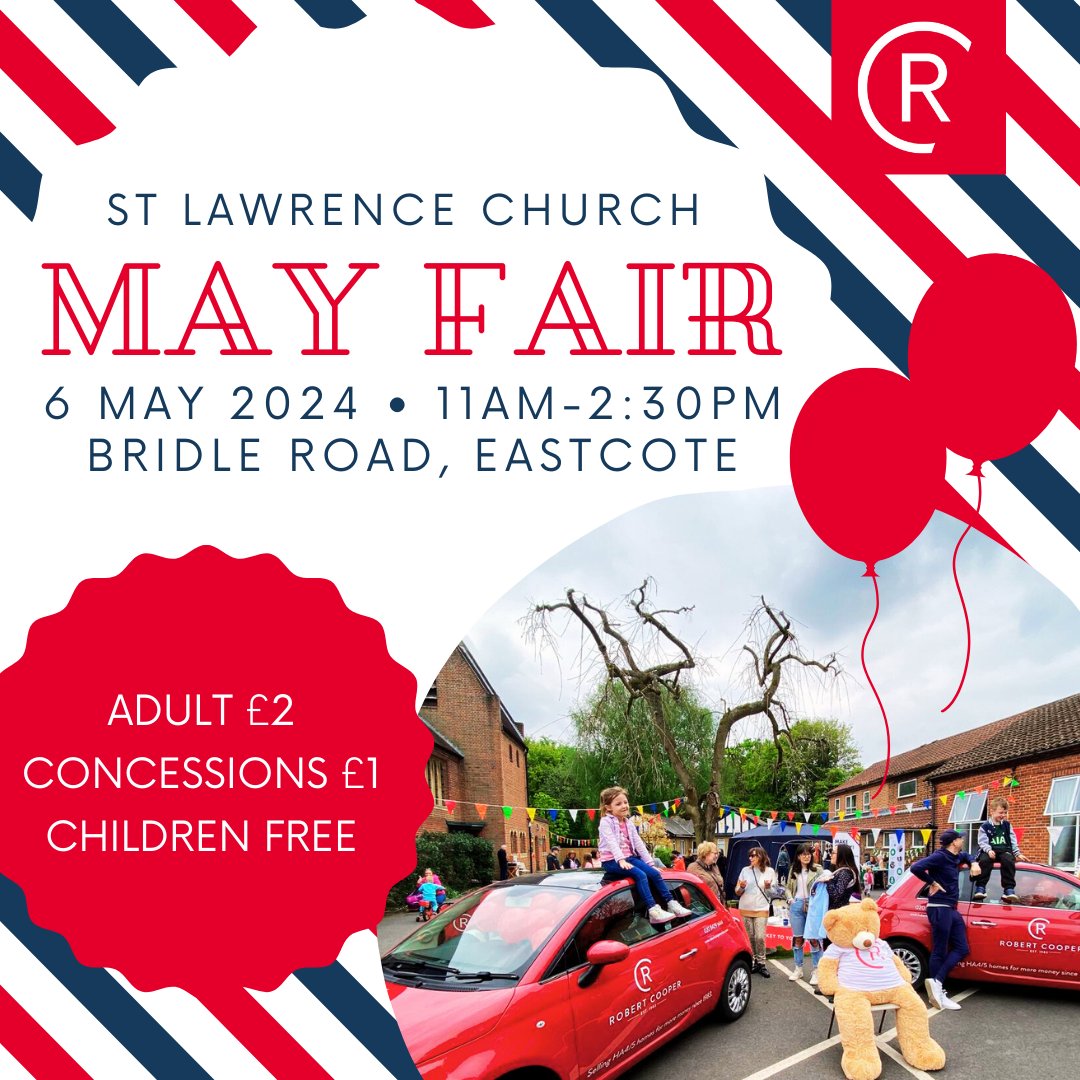 We are thrilled that once again we will be sponsoring <a href="/SLE_Church/">St Lawrence Eastcote</a>'s May Fair on May Day!

Come along and play on the bouncy castle, tuck into the barbecue, enjoy the live music and most importantly GUESS HOW MANY BALLOONS ARE IN THE ROBERT COOPER CAR! 🎈🚘🎈