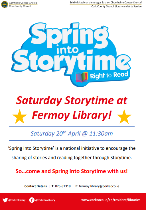 Fermoy Library will be Springing into Storytime again this Saturday 20th April @11:30am, so be sure to stop by for a selection of stories! #SpringintoStorytime #TakeACloserLook @LibrariesIre