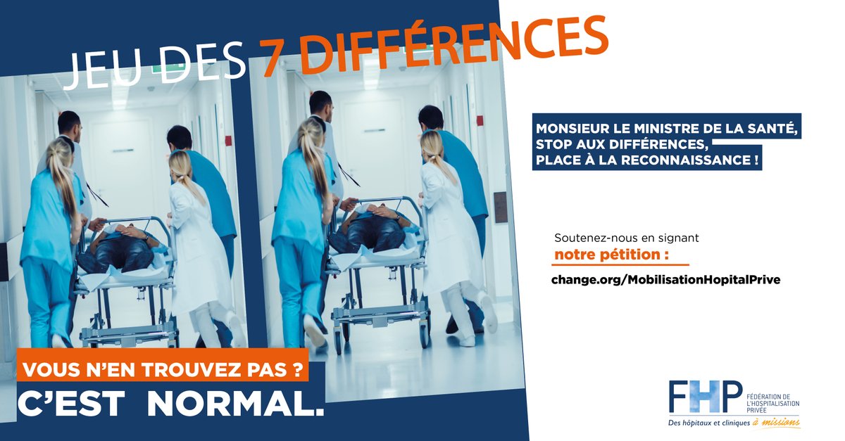 Le Jeu des 7 différences par @La_FHP Vous n'en trouvez pas ? C'est normal ... Il n’y a aucune différence entre les missions accomplies par l’hôpital public et l’hôpital privé. Ils sont au service des patients, à autorisation d’activité identique. Pourtant, en 2024,…