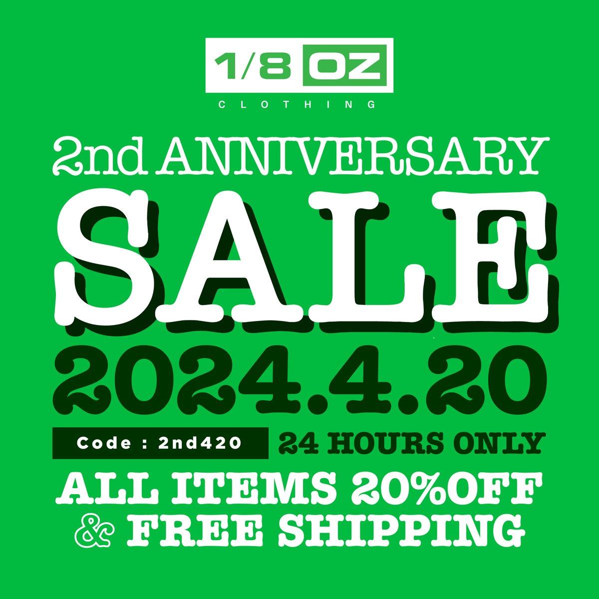 今晩AM0:00から24時間限定のSALEを行います。会計時にクーポンコード「2nd420」をご入力いただければALL ITEMS 20%OFF &amp; 送料無料となります。いつもありがとうございます！3年目もよろしくお願いします🔥💭
eighthclothing.com