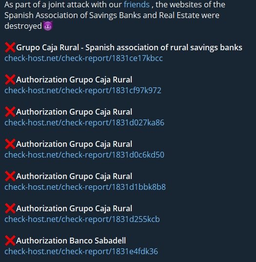 NoName claims to have targeted multiple websites in Spain. - Rural Bank Group - Sabadell Bank #Spain #ddos #cyberattack #cti #threatintel