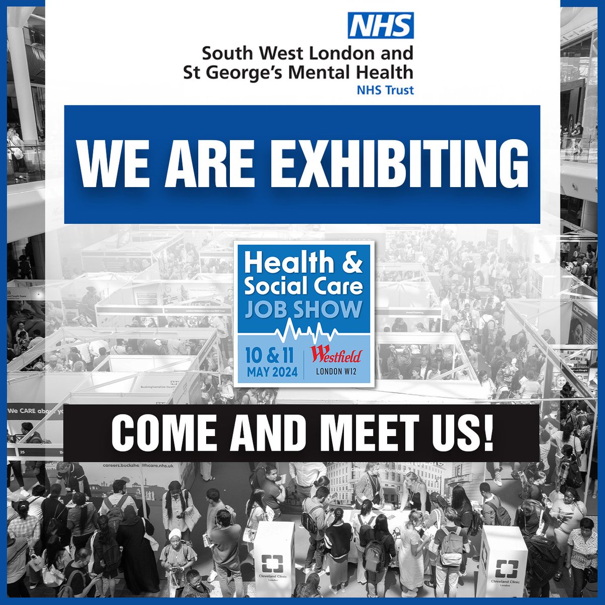 SWLSTG's tweet photo. We'll be at the Health &amp; Social Care Job Show on Friday 10 and Saturday 11 May at @westfieldlondon!

👋 Stop by our stand to have a chat about the exciting opportunities we have for you to join our brilliant teams.

For our latest vacancies, visit https://t.co/khQlsJsaAS https://t.co/agLy5gKyT1
