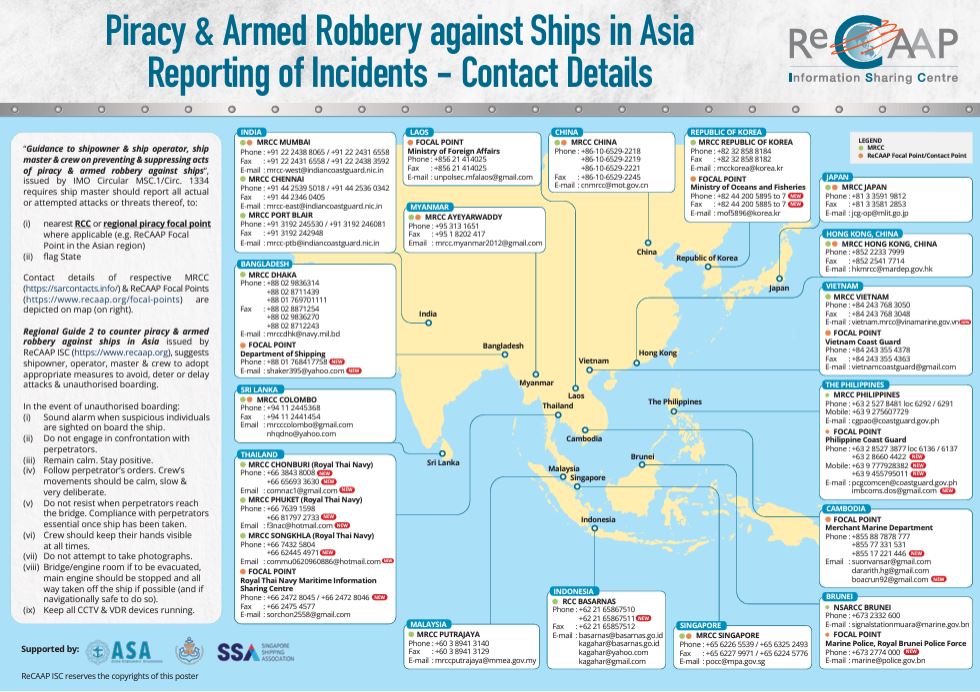 The ReCAAP ISC, supported by the Asian Shipowners' Association (ASA) and the Singapore Shipping Association (SSA), recently published a poster with updated contact details of Maritime Rescue and Coordination Centres (MRCCs) and ReCAAP Focal Points & Contact Point in Asia.…