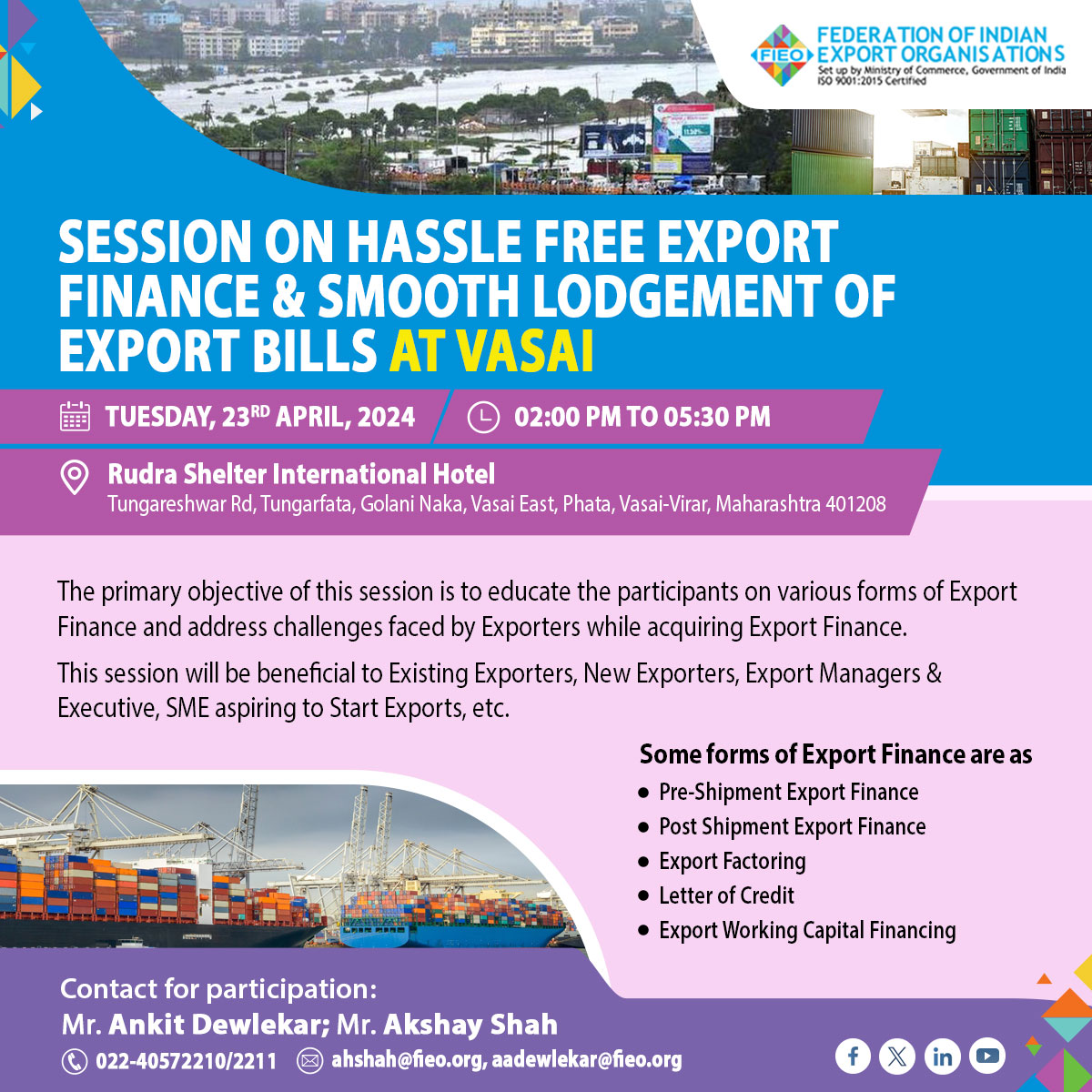 Be a part of FIEO's session on Hassle Free Export Finance & Smooth Lodgement of Export Bills on April 23, 2024 at Vasai and learn about various forms of exports finance and its challenges. Register at fieo.org/Apr23