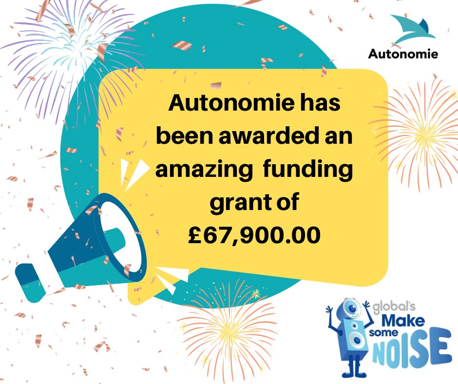 📣 Autonomie receives £67,900.00 from @makenoise 🎉 Thanks to the amazing help of Global Listeners, we are able to fund our over 25s programme, and for 2 years! THANK YOU to the public who all donated so generously. #MakeSomeNoise #AbilityNotDisability