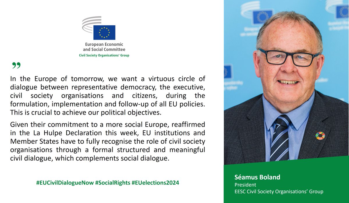 Given their commitment to #SocialRights, reaffirmed in the La Hulpe Declaration this week, EU institutions & EU27 have to fully recognise the role of #CivilSociety organisations through a formal structured & meaningful civil dialogue. President @smsboland #EUCivilDialogueNow 👇