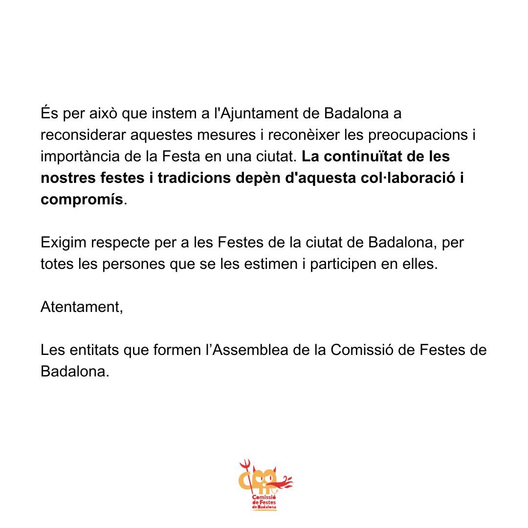 🚨LAMENTEM COMUNICAR QUE L’AJUNTAMENT RETALLA LES NITS ORGANITZADES PER LA CFB FINS LA 1:30h