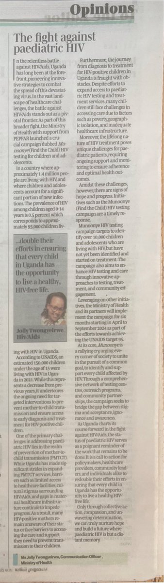 In today’s ⁦@DailyMonitor⁩, my insights on Paediatric HIV in Uganda. This is a rallying call for us to embrace ⁦@MinofHealthUG⁩’s ongoing Munoonye(Find the Child) HIV testing campaign in Children and Adolescents. ⁦@DianaAtwine⁩ ⁦@ainbyoo⁩.