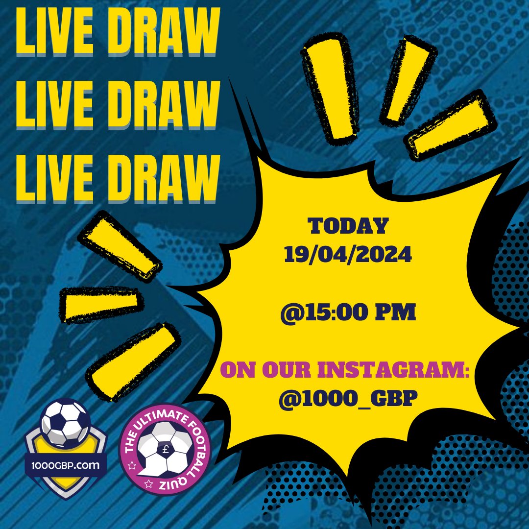 🚨 Join us TODAY at 15:00 pm to watch the live draw! Get ready to see who the lucky winner of our Fantastic Fan Friday competition will be! Don't miss out on the excitement!📷⚽️
#LiveDraw #WinnersRevealed #ExcitementAhead #CashPrize #Excitement #1000GBP #FootballFun #FootballQuiz