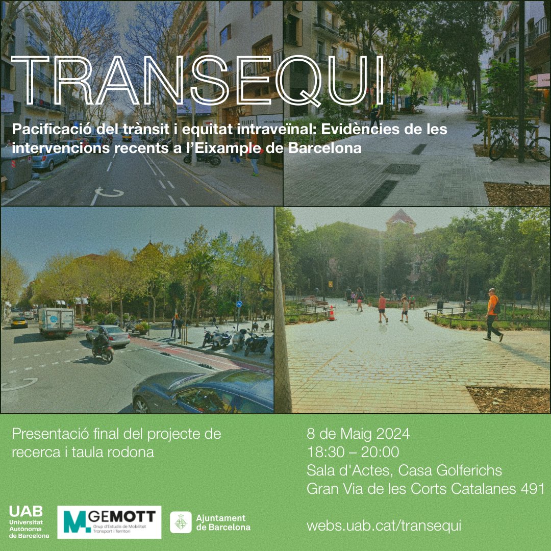 🗓️El 8 de maig presentem els resultats del projecte TRANSEQUI. L'acte inclou una taula rodona amb en Ton Salvadó Cabré (@ETSABarcelona), l'Amàlia Calderón Argelich (@ICTA_UAB ) i en Genís Domínguez (@bicibuseixample @RevoltaEscolar). 📍18:30h - Casa Golferichs (Barcelona)