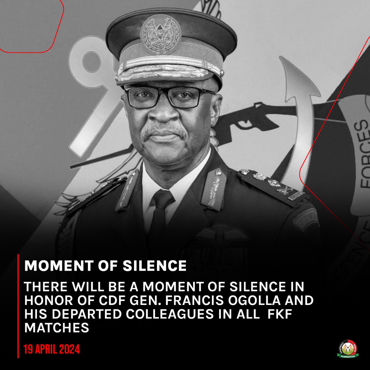 Kenyan football will join the rest of the country in paying tribute to the Chief of Defence Forces Gen. Francis Ogolla and his colleagues from the Kenya Defence Forces who passed on in a plane crash on Thursday 🔗tinyurl.com/4w8e6t9z