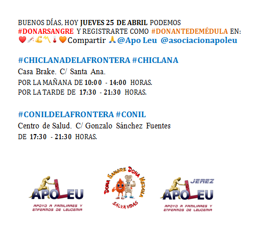 JUEVES 25 DE ABRIL PUEDE #DONARSANGRE Y REGISTRARSE COMO #DONANTEDEMÉDULA
@ApoLeu EN ❤️💉💪〽️🌡🧡 RT🙏

#CHICLANADELAFRONTERA #CHICLANA
@ayto_chiclana @deportechiclana @boxchiclana @chiclana @chiclanafm @8chiclana

#DONASANGRE #DONAMÉDULA #SALVAVIDAS #REGALALATIDOS
