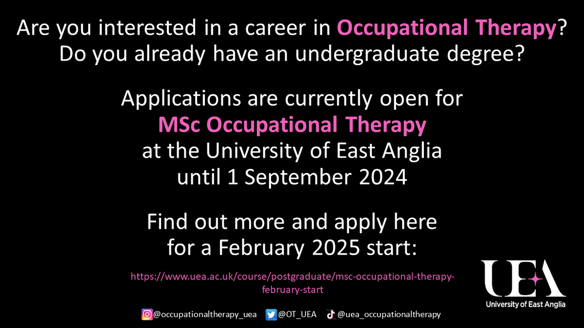 Apply here to join us @uniofeastanglia in February 2025 uea.ac.uk/course/postgra… @UEA_Health #OccupationalTherapy #OccupationalTherapyStudent