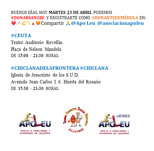 MARTES 23 DE ABRIL PUEDE #DONARSANGRE Y REGISTRARSE COMO #DONANTEDEMÉDULA
@ApoLeu EN ❤️💉💪〽️🌡🧡 RT🙏

#CHICLANADELAFRONTERA #CHICLANA
@ayto_chiclana @deportechiclana @boxchiclana @chiclana @chiclanafm @8chiclana

#DONASANGRE #DONAMÉDULA #SALVAVIDAS #REGALALATIDOS